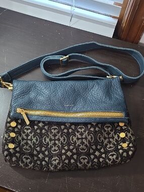 Hammitt Blue Leather and Patterned Crossbody with Gold Accents